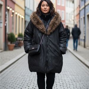 Penningtons Cozy Double-Zip Puff Coat - Brown Faux Fur Trim & Ribbed Knit Collar